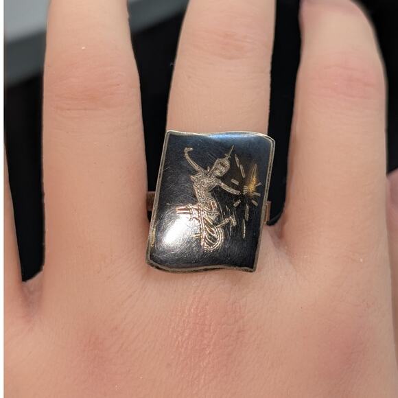Vintage Siam Niello Thailand Black Enamel Sterling Silver Adjustable Ring - Picture 2 of 8